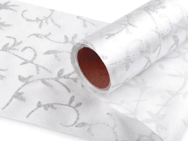 Satén svatební jednostranný / stuha šíře 14 cm s glitry