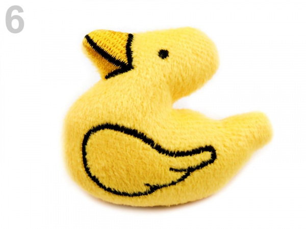 Plyšová aplikace / nášivka s pískátkem kačenka, kuřátko, včela, sova