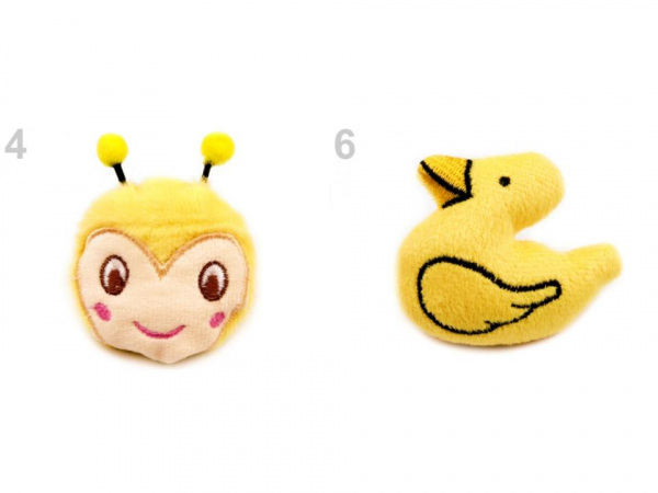 Plyšová aplikace / nášivka s pískátkem kačenka, kuřátko, včela, sova