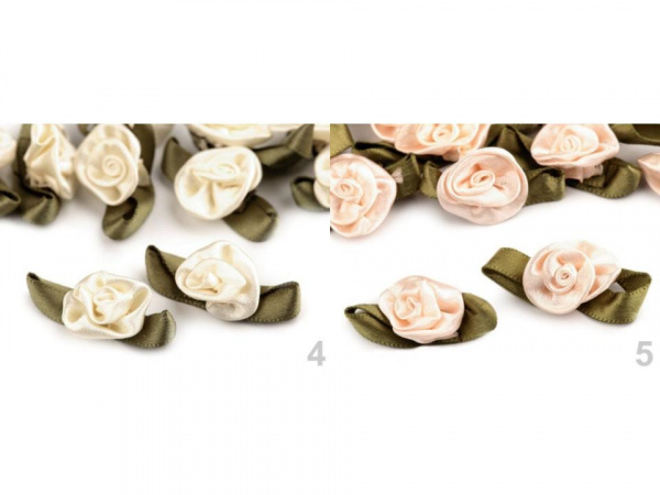 Saténová růžička s lístky 15x30 mm