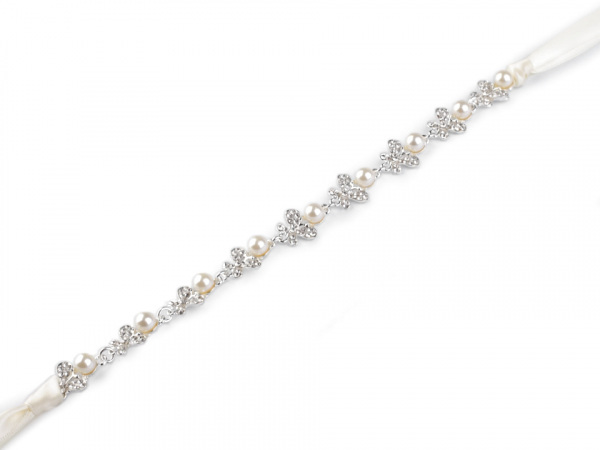 Štrasová ozdoba do vlasů na stuze s perlami