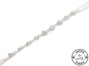 Štrasová ozdoba do vlasů na stuze s perlami