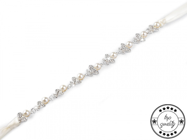 Štrasová ozdoba do vlasů na stuze s perlami