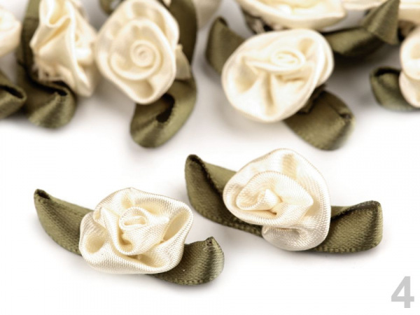 Saténová růžička s lístky 15x30 mm