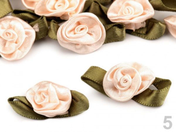 Saténová růžička s lístky 15x30 mm