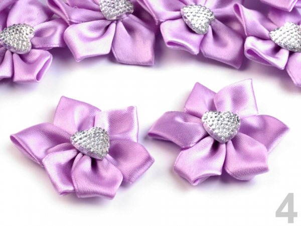 Saténový květ se srdcem Ø50 mm s kamínkem