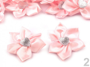 Saténový květ se srdcem Ø50 mm s kamínkem