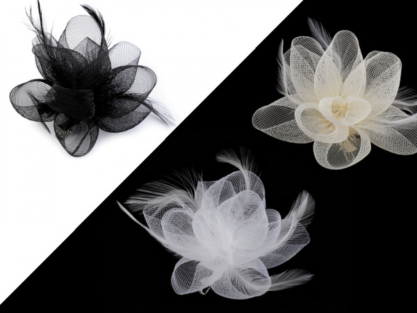 Brož / ozdoba do vlasů květ s peřím