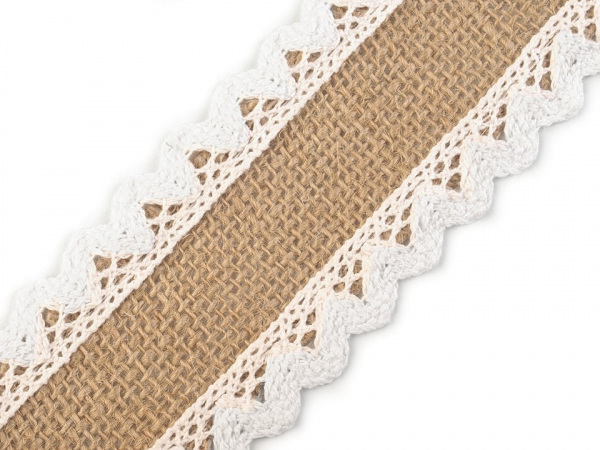 Jutová stuha s bavlněnou krajkou šíře 54 mm