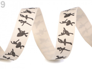 Bavlněná stuha šíře 15 mm s potiskem hvězdy, motýl, ptáček, sova, pejsek