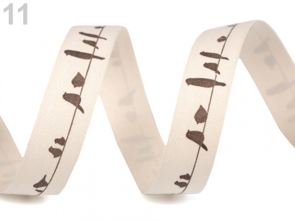 Bavlněná stuha šíře 15 mm s potiskem hvězdy, motýl, ptáček, sova, pejsek