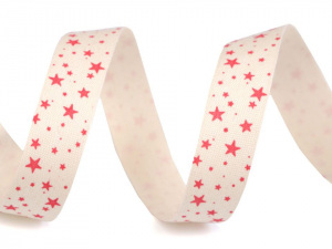 Bavlněná stuha šíře 15 mm s potiskem hvězdy, motýl, ptáček, sova, pejsek