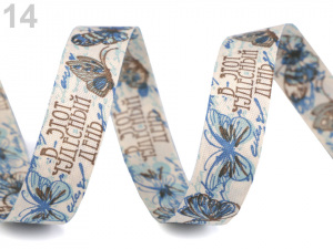 Bavlněná stuha šíře 15 mm s potiskem hvězdy, motýl, ptáček, sova, pejsek