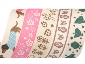 Bavlněná stuha šíře 15 mm s potiskem hvězdy, motýl, ptáček, sova, pejsek