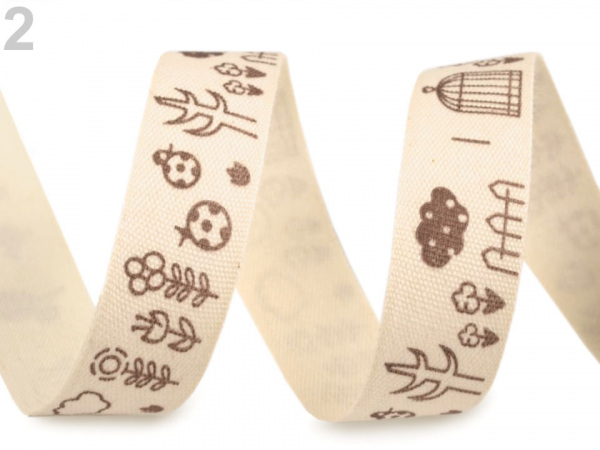 Bavlněná stuha šíře 15 mm s potiskem hvězdy, motýl, ptáček, sova, pejsek