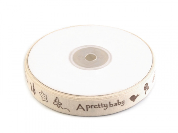 Bavlněná stuha šíře 15 mm s potiskem hvězdy, motýl, ptáček, sova, pejsek