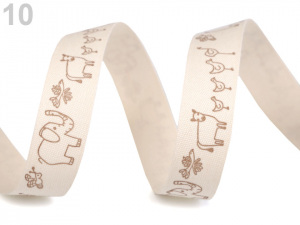 Bavlněná stuha šíře 15 mm s potiskem hvězdy, motýl, ptáček, sova, pejsek