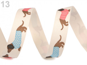 Bavlněná stuha šíře 15 mm s potiskem hvězdy, motýl, ptáček, sova, pejsek