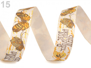 Bavlněná stuha šíře 15 mm s potiskem hvězdy, motýl, ptáček, sova, pejsek