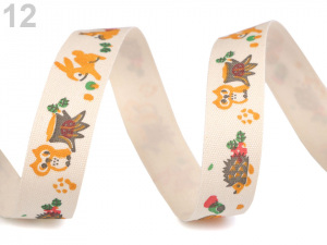 Bavlněná stuha šíře 15 mm s potiskem hvězdy, motýl, ptáček, sova, pejsek