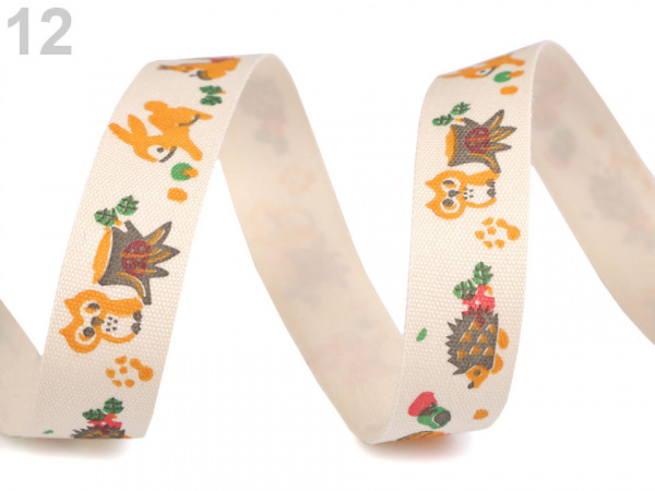 Bavlněná stuha šíře 15 mm s potiskem hvězdy, motýl, ptáček, sova, pejsek