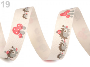 Bavlněná stuha šíře 15 mm s potiskem hvězdy, motýl, ptáček, sova, pejsek