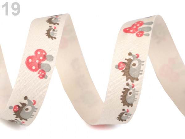 Bavlněná stuha šíře 15 mm s potiskem hvězdy, motýl, ptáček, sova, pejsek