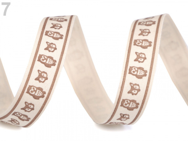 Bavlněná stuha šíře 15 mm s potiskem hvězdy, motýl, ptáček, sova, pejsek