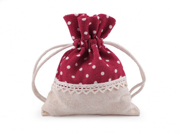 Dárkový pytlík 10x13 cm lněný s puntíky a krajkou