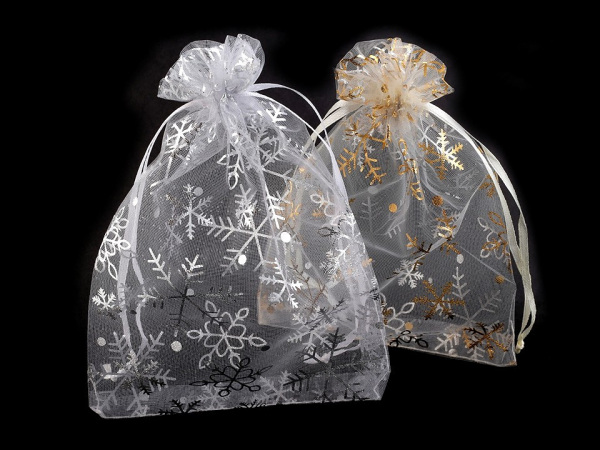 Vánoční dárkový pytlík vločky 13x18 cm organza
