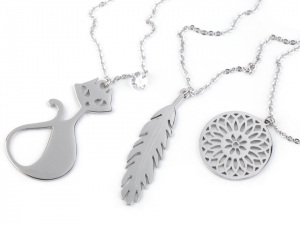 Náhrdelník kočka, pírko, mandala z nerezové oceli