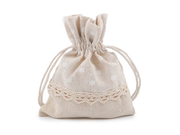 Dárkový pytlík 10x13 cm lněný s puntíky a krajkou