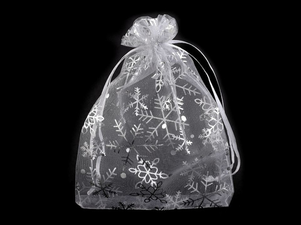 Vánoční dárkový pytlík vločky 13x18 cm organza