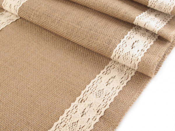 Jutový běhoun / ubrus s bavlněnou krajkou 30x120 cm