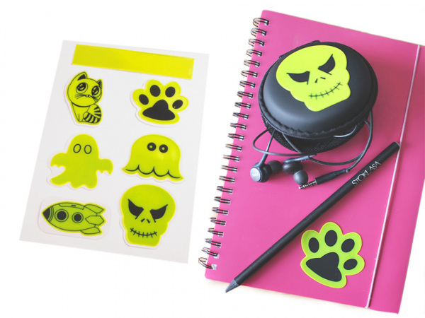 Reflexní samolepka kočka, tlapka, strašidýlko, lebka, Halloween sada 7 ks