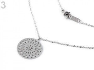 Náhrdelník kočka, pírko, mandala z nerezové oceli
