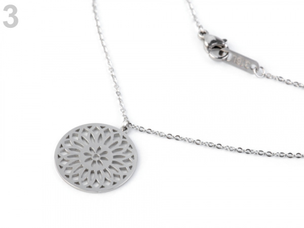 Náhrdelník kočka, pírko, mandala z nerezové oceli