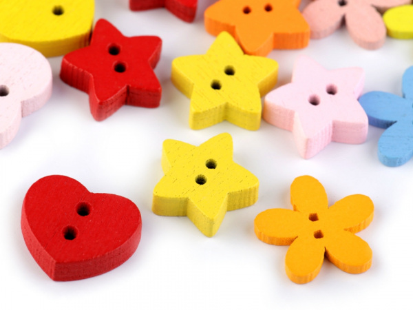 Dřevěný dekorační knoflík - srdce, hvězda, květ