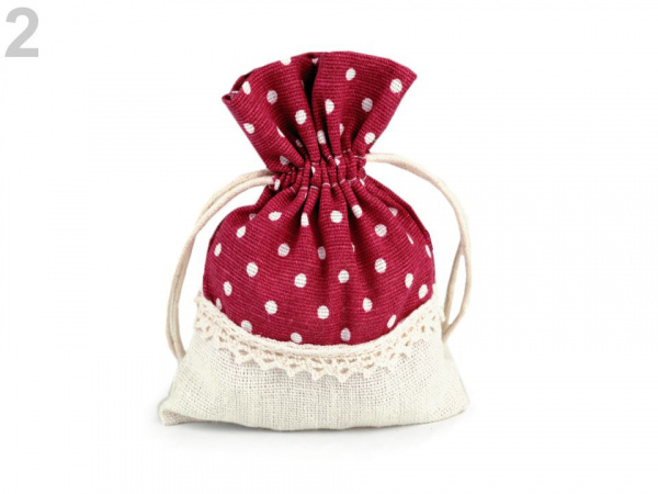 Dárkový pytlík 10x13 cm lněný s puntíky a krajkou