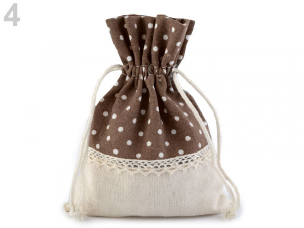 Dárkový pytlík 13x18 cm lněný s puntíky a krajkou