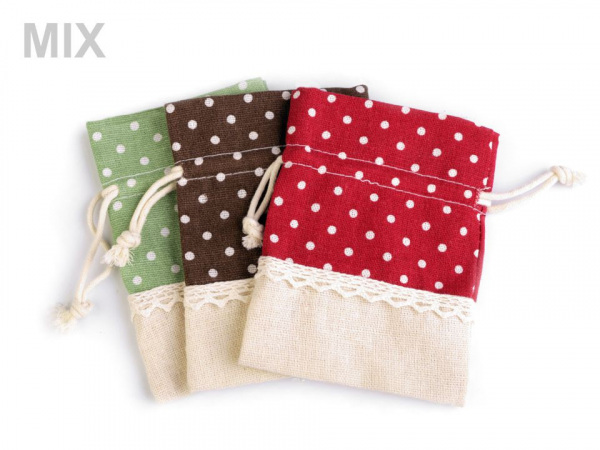 Dárkový pytlík 10x13 cm lněný s puntíky a krajkou