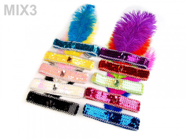 Karnevalová čelenka flitrová s peřím retro