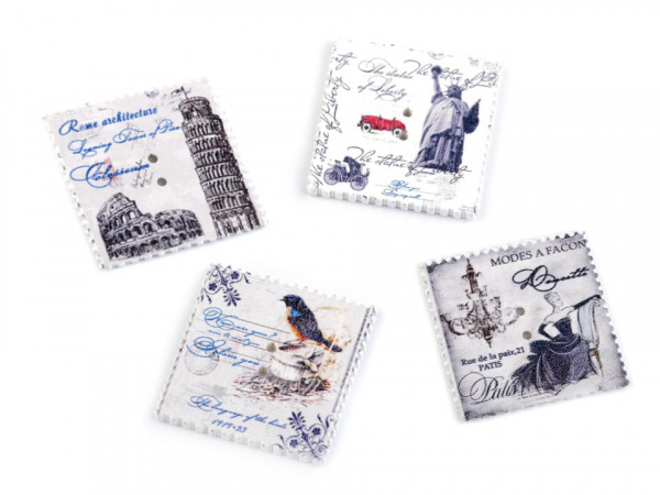 Dřevěný dekorační knoflík poštovní známka