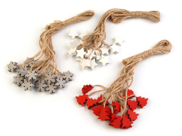 Dřevěná vločka, stromeček, hvězda, zvoneček s provázkem