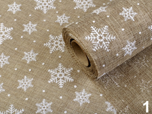 Vánoční imitace juty šíře 48 cm vločky