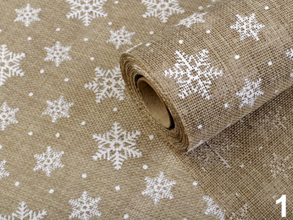 Vánoční imitace juty šíře 48 cm vločky