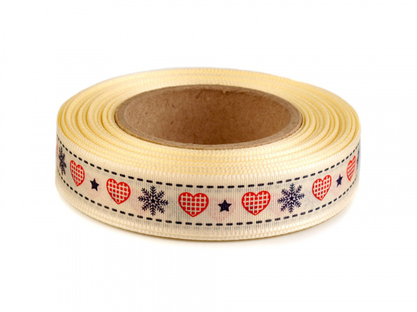 Vánoční taftová stuha srdce šíře 15 mm