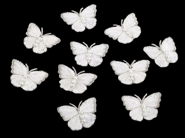 Textilní aplikace / nášivka motýl s perlami vyšívaný malý