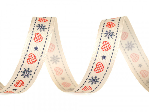 Vánoční taftová stuha srdce šíře 15 mm