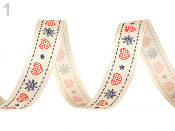 Vánoční taftová stuha srdce šíře 15 mm